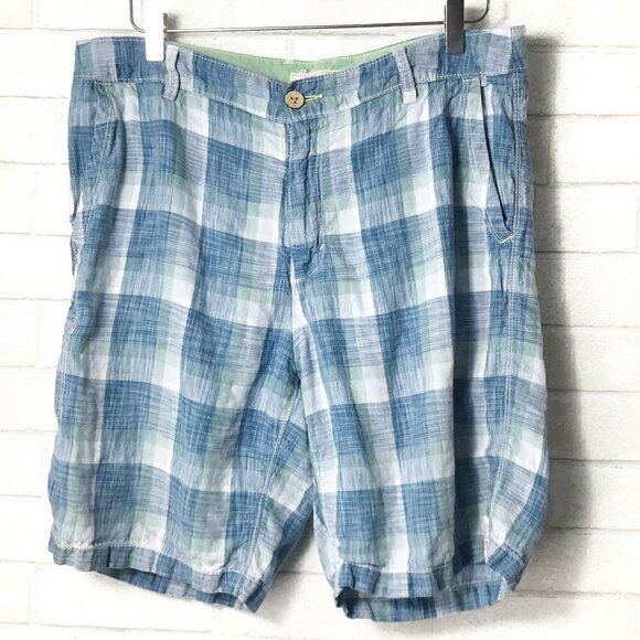 Tommy Bahama Relax 100% Linen Summer Shorts Blue Plaid Men's Size 34 - Picture 1 of 4
